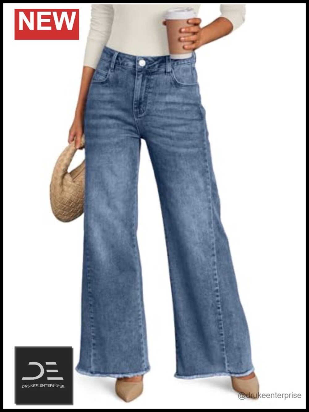Wide Leg Jeans with Raw Hem, Relaxed Loose Fit Denim, Low Rise with Pockets